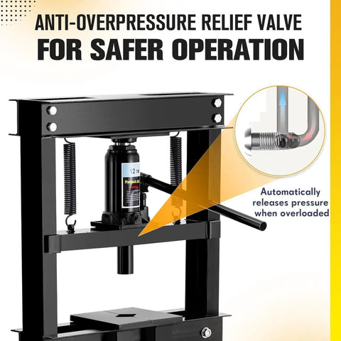 Anti-overpressure relief valve feature of the Shop Ready Badass 12 Ton Hydraulic Shop Press With Adjustable H Frame for safer operation.