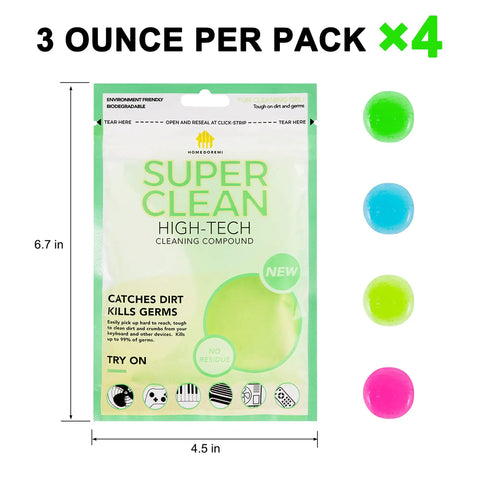 Pro Grade Car Cleaning Gel 4-Pack, 3 oz each, reusable gel putty in package with four colored balls