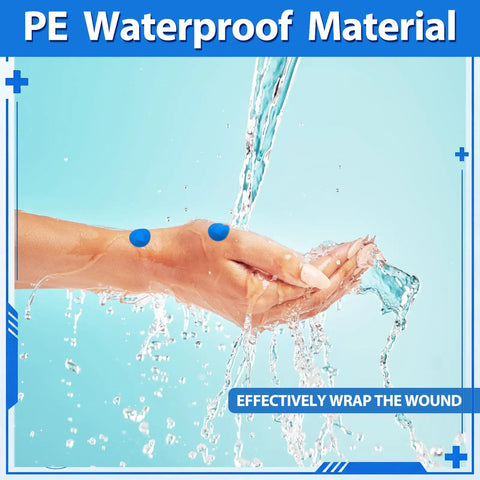 Hands under running water with Blue Metal Detectable Bandages For Food Service, 150 Count Waterproof Adhesive Patches With Nonstick Pad.