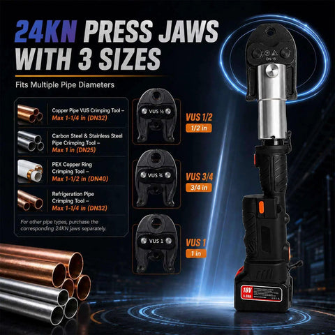 Heavy Duty Pipe Crimping Tool For Copper Pipes One Half Inch, Three Quarter Inch, And One Inch, 18V Cordless Automatic Hydraulic Press