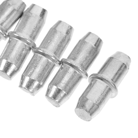 100 Pack Straight Up Sturdy Shelf Pegs For Wood Shelving Heavy Duty Metal Support Pins close-up showing silver pegs with smooth edges.