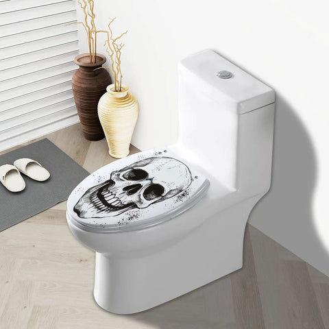 Elongated Resin Toilet Seat for Bathroom featuring a skull design on a white toilet, ideal for unique bathroom decor.