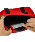 Beefy Heavy Duty Portable Tool Bag for Lockout Equipment and Maintenance Gear with large capacity, red compartment, hands accessing interior.
