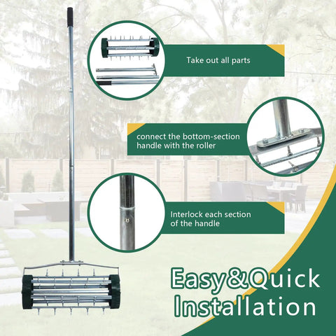Rolling Lawn Aerator With 1.4 Inch Spikes, Rotary Push Tine Spike Soil Aerator assembly view, 3-Piece Steel Handle