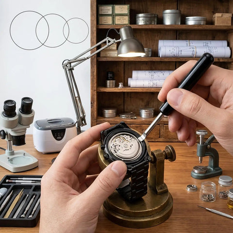 Beefy Watch Repair Kit with O Ring Gaskets and Seals, pry knife shown working on a watch in a detailed workshop setting.