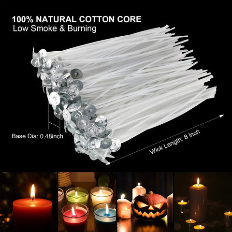 All In One Candle Making Kit With 100 Six Inch Cotton Wicks 30 Sticker Sets And 10 Centering Tools, focus on natural cotton wicks.