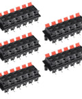 Five 12 Way Jack Socket Spring Push Release Connector Speaker Terminal Strip Blocks for DIY Speaker Builds with red black coding.