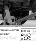 Sixteen Piece Hydraulic Jack Seal Kit for Three Ton Floor Jacks with O Ring Seals and Oil Plug displayed beside car lift