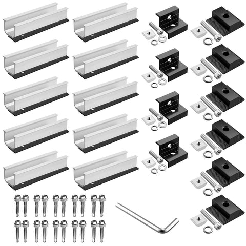Solar Panel Mounting Kit for Four Panels With 4.72 Inch Rails in Black and Silver, Includes End Clamps and T Shaped Middle Clamps