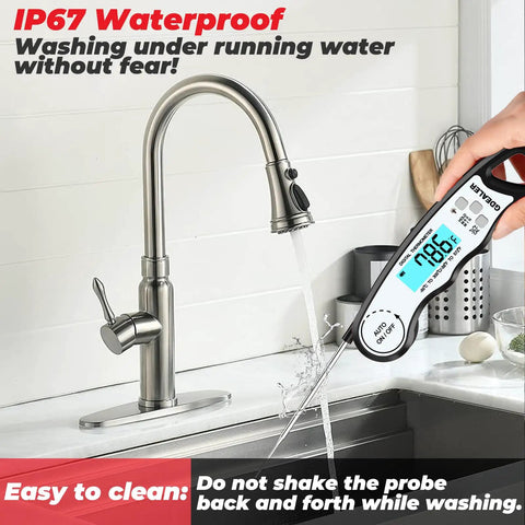 Ultra Fast Digital Meat Thermometer With Instant Read In 3 To 4 Seconds Waterproof IP67 Backlit Display being washed under faucet