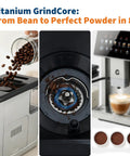 Top Shelf Espresso Coffee Maker With Handy Milk Frother And Adjustable Grinding Blades For Home Baristas Featuring Detachable Milk Tank And Sleek Silver Build grinding coffee beans into fine powder.