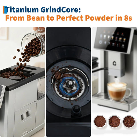 Top Shelf Espresso Coffee Maker With Handy Milk Frother And Adjustable Grinding Blades For Home Baristas Featuring Detachable Milk Tank And Sleek Silver Build grinding coffee beans into fine powder.