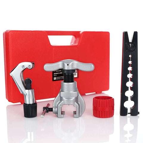 Seven Die Flaring Tool Set For HVAC Tubing Copper Aluminum Brass Flares At Forty Five Degrees with adapters, cutter, and reamer