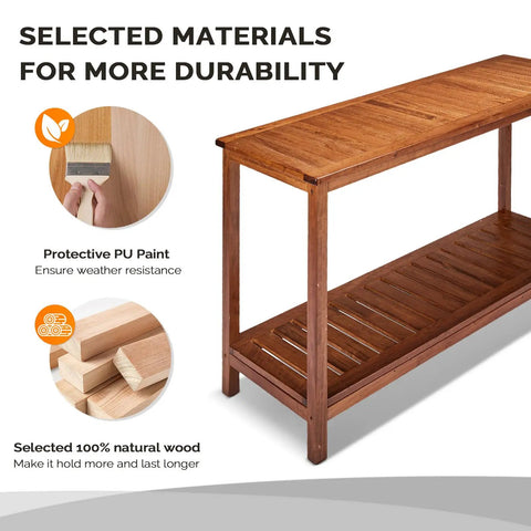 Solid Wood Outdoor Console Table With Two Tier Design For Patio Porch And Entryway Natural PU Lacquer Finish Weather Resistant