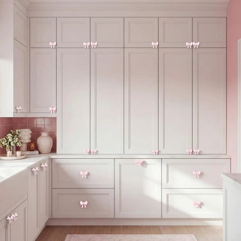 Pink Bow Dresser Knob Set With 30 Knobs And 90 Screws, 1.57 Inch Aluminum Alloy Handles on white kitchen cabinets.