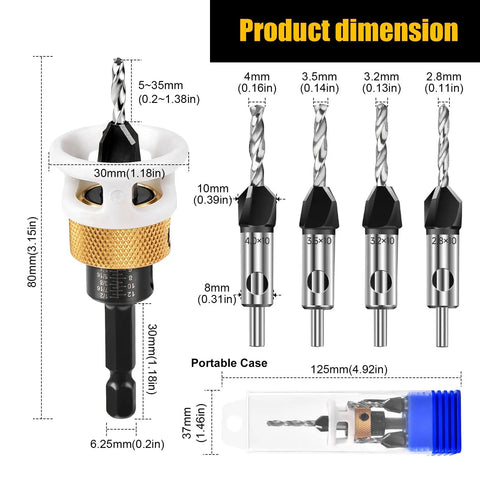 4 Piece Carbide Countersink Drill Bit Set For Woodworking With 4 Flutes And Adjustable Low Friction Depth Stop And Stop Collar Pro Grade Durable Bits For Cabinetry And Fine Woodworking 2.8mm 3.2mm 3.5mm 4mm