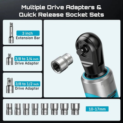 Cordless Ratchet Wrench Set With 60 Ft-Lbs Torque, Beast Power 21V Max, including socket and drive adapter sizes.
