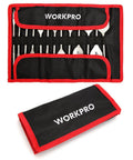 Front view: WORKPRO 13-piece SAE spade drill bit set with paddle bits in a black nylon storage pouch with red trim.