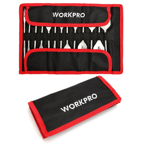 Front view: WORKPRO 13-piece SAE spade drill bit set with paddle bits in a black nylon storage pouch with red trim.