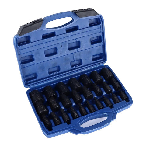 Open blue case displaying Beast 25 Piece Screw Extractor Set for broken screws and bolts, alloy steel remover kit sizes 1/8 to 7/8 inch.