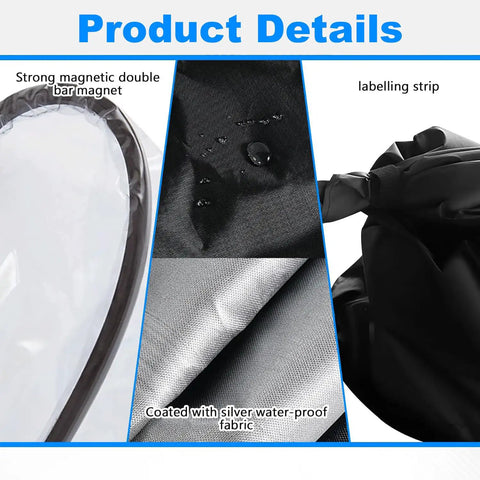 No Fuss Magnetic Ev Charger Rain Cover Waterproof Snowproof Sun Shield showing strong magnet, waterproof fabric, and labelling strip.