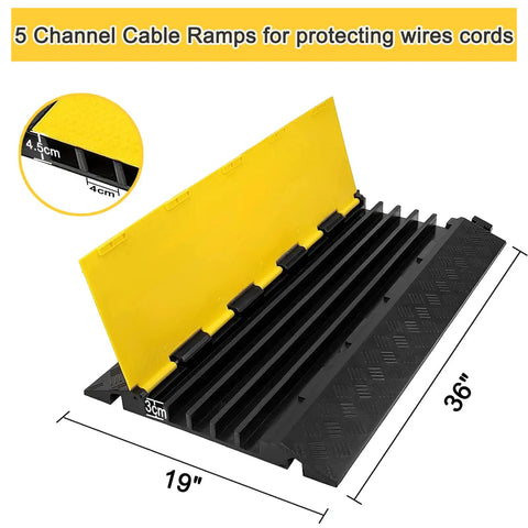 Beefy 5 Channel Cable Ramp Protector For Driveway And Outdoor Use, showing 19x36 in dimensions and 5 cable channels