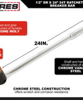 Three Eighths Inch Drive Ratcheting Breaker Bar, 15 Inch Length, 24 Tooth Ratchet, Reversible Collar, Chrome Vanadium Steel