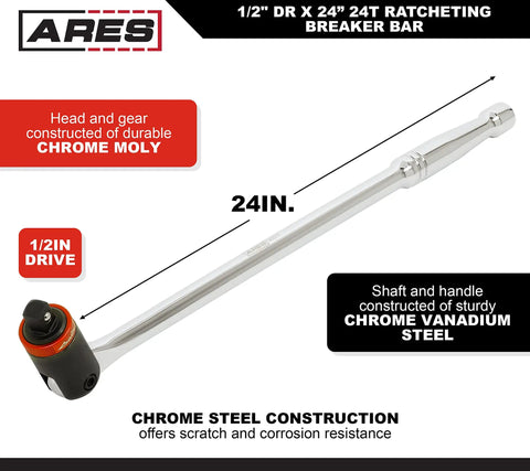 Three Eighths Inch Drive Ratcheting Breaker Bar, 15 Inch Length, 24 Tooth Ratchet, Reversible Collar, Chrome Vanadium Steel