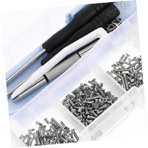 Close-up of All In One Glasses Repair Kit Set With Assorted Screws Nose Pads Mini Screwdrivers And Accessories For Quick On The Go Eyewear Fixes