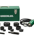 11 Ton Hydraulic Knockout Kit With Foot Pump And Slug-Buster For 1/2 To 4 Inch Holes displayed with green tool box and components