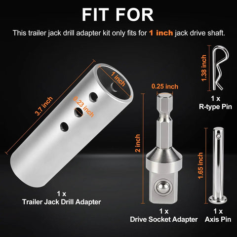 Top Shelf Trailer Jack Drill Adapter Fits One Inch Shaft With Half Socket Bit For Rv Camper Boat Dump Utility Trailers Cordless Crank Saver No Sweat Fast Jack Lifting Setup showing measurements and components.