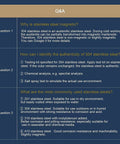 Q&A on stainless steel properties including magnetic characteristics and authenticity testing.