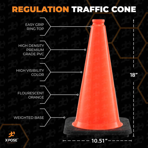 18 Inch Orange Traffic Cones 4 Pack Heavy Duty PVC Safety Cones For Parking Lots Soccer Practice Caution For Kids Construction DOT Approved Durable And Highly Visible showing construction features