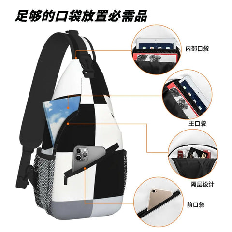 Unisex Black And White Piano Key Grid Print Fanny Pack Adjustable Crossbody Chest Bag showing pockets and adjustable strap.