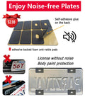 Image showing anti-rattle adhesive foam pads for quiet license plates, with demonstration on a car, promoting noise-free protection.