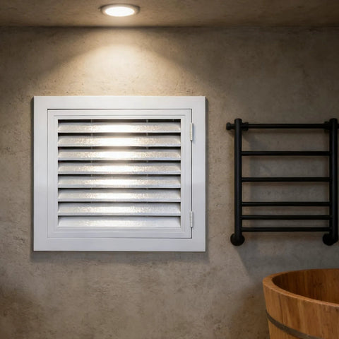 White 8x8 inch louvered access panel with right-side hinge on wall