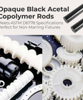 Two Pack Round Acetal Copolymer Rods 2 Inch Diameter 12 Inch Length Opaque Black Pro Grade POM-C Rods Low Friction High Impact Chemical Resistant ASTM D6778 Compliant Ideal For Non-Marring Fixtures And DIY Projects., black acetal rods shown with gears, bushings, and fixtures
