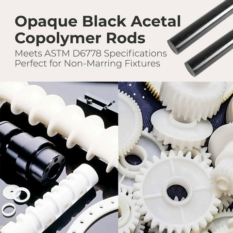 Two Pack Round Acetal Copolymer Rods 2 Inch Diameter 12 Inch Length Opaque Black Pro Grade POM-C Rods Low Friction High Impact Chemical Resistant ASTM D6778 Compliant Ideal For Non-Marring Fixtures And DIY Projects., black acetal rods shown with gears, bushings, and fixtures