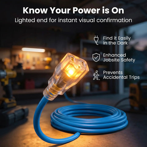 Tough As Nails Heavy Duty 100 Ft Outdoor Extension Cord 12/3 Gauge SJEOW 12 AWG 3 Prong Power Cable With Lighted End Waterproof For Tools Lawn Garden Blue