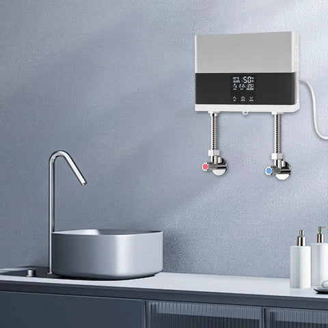 Electric Tankless Water Heater 110v With Digital Display For Instant Hot Water On Demand mounted above a sleek sink.