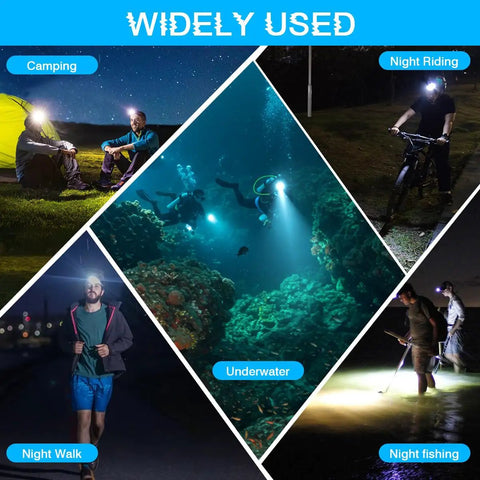 Powerful 3000 Lumen Dive Headlamp With IP68 Waterproof Build shown in various uses: camping, cycling, underwater, walking, and fishing.