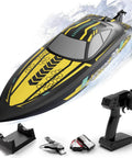 High Speed RC Boat For Pool And Lake, 2.4GHz Remote Control With Water Cooling System, Dual Rechargeable Batteries, Delivers Up To 30mph Adrenaline Pumping Fun, Adult Friendly Fast Electric Boat In Bright Yellow shown with accessories