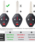 Comparison of three key fobs with different blades and button counts for Black Four Button Keyless Entry Remote Key Fob Replacement For Mitsubishi Lancer 2008 To 2015 With FCC ID G8D-625M-A And Part 6370A477 Drop-In Replacement For Easy Lock Unlock And Panic.