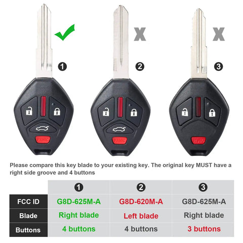 Comparison of three key fobs with different blades and button counts for Black Four Button Keyless Entry Remote Key Fob Replacement For Mitsubishi Lancer 2008 To 2015 With FCC ID G8D-625M-A And Part 6370A477 Drop-In Replacement For Easy Lock Unlock And Panic.