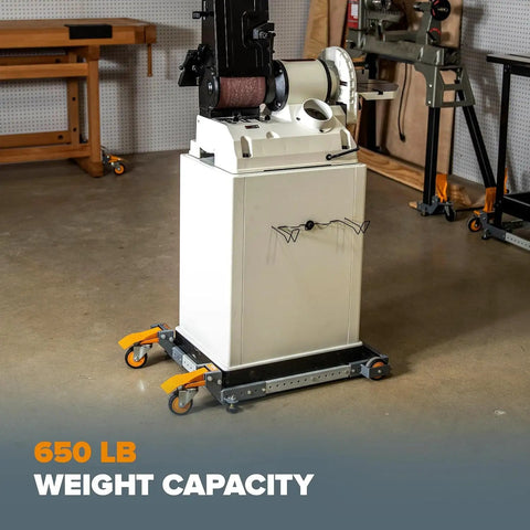 Heavy Duty Universal Mobile Tool Base With 3 Inch Non Marking Wheels, 650 Lb Capacity in workshop setting.