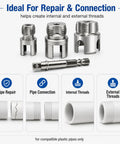 Essential 3 Pvc Pipe Threader Set With 1/2 Inch, 3/4 Inch, And 1 Inch Durable Alloy Steel Heads, showing threading tools for pipe repair.