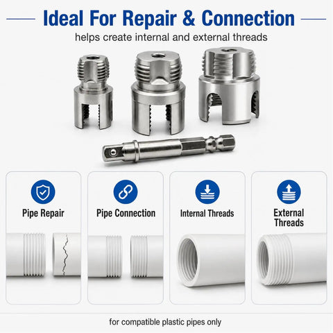 Essential 3 Pvc Pipe Threader Set With 1/2 Inch, 3/4 Inch, And 1 Inch Durable Alloy Steel Heads, showing threading tools for pipe repair.