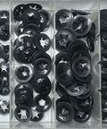 260 PC Axle Wave Washer Gear Set With M3 To M12 Sizes Includes 30 M3x10, 30 M4x12, 40 M5x14, 50 M6x14, 50 M8x18, 40 M10x20, 20 M12x25 For Auto, Motorcycle And DIY Projects black wave washers in a compartment box