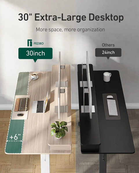 Fezibo 60 By 30 Inch Electric Standing Desk With Drawers Light Rustic Brown Finish showing extra-large desktop space for organization.