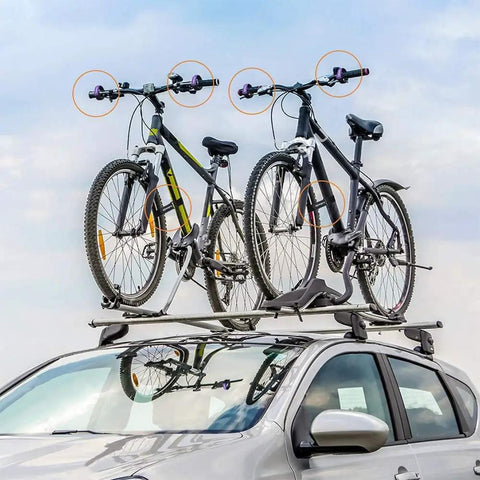 Cars with two bicycles secured using 8 pack bike rack straps with adjustable stabilizers, 8 inch and 26 inch lengths on roof rack.